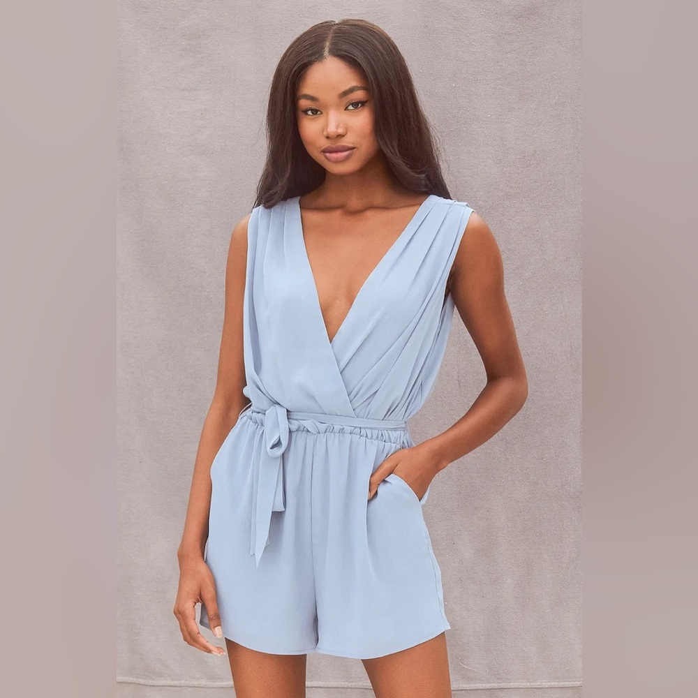 Lulu’s Sweeten the Day Dusty Blue Surplice Sleeveless Romper! Size XS
